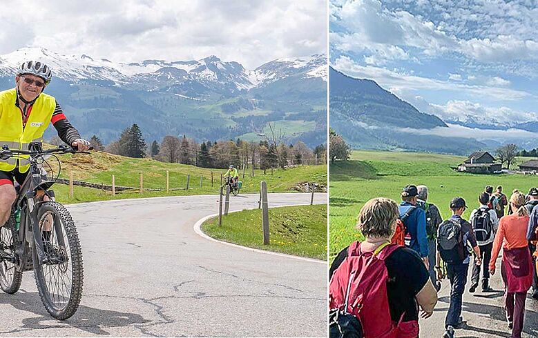 Ein Velofahrer und Fusspilger unterwegs